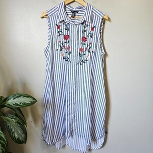 EUC LIKE NEW TERRE BLUE 100% LYOCELL STRIPED EMBROIDERED BUTTON DOWN DRESS SZ L